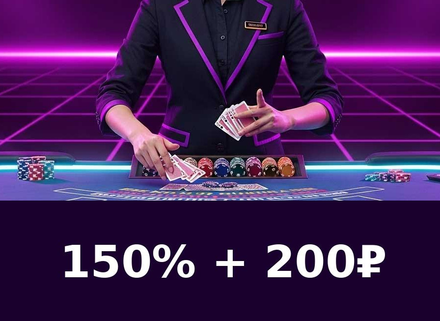 Изображение стола с дилером Live Casino и графикой 150% + 200 фриспинов